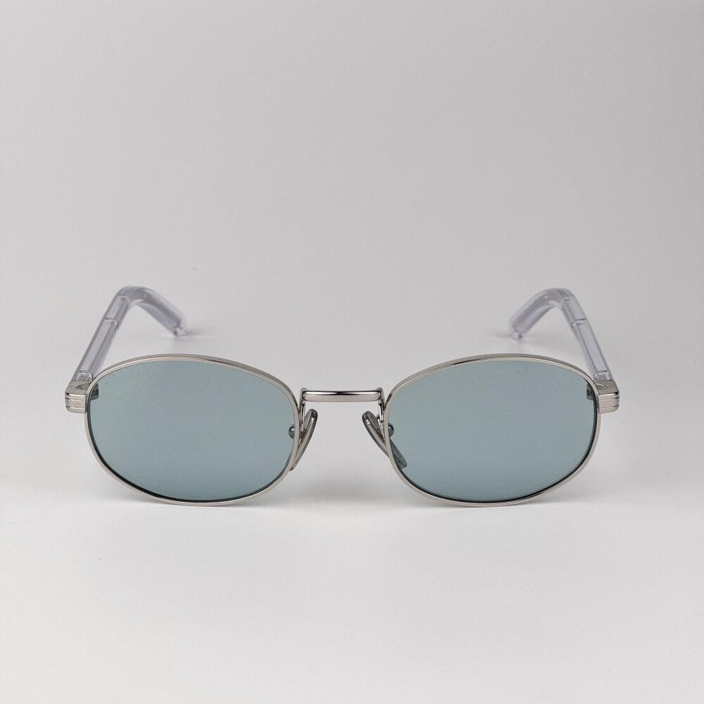 Prada Sunglasses – Silver Oval Frame with Azure Lenses | Model PRB53S 1BC40N